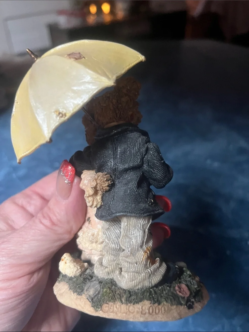 Boyds Bears Brown Couple Figurine with Yellow Umbrella and Pink Dress